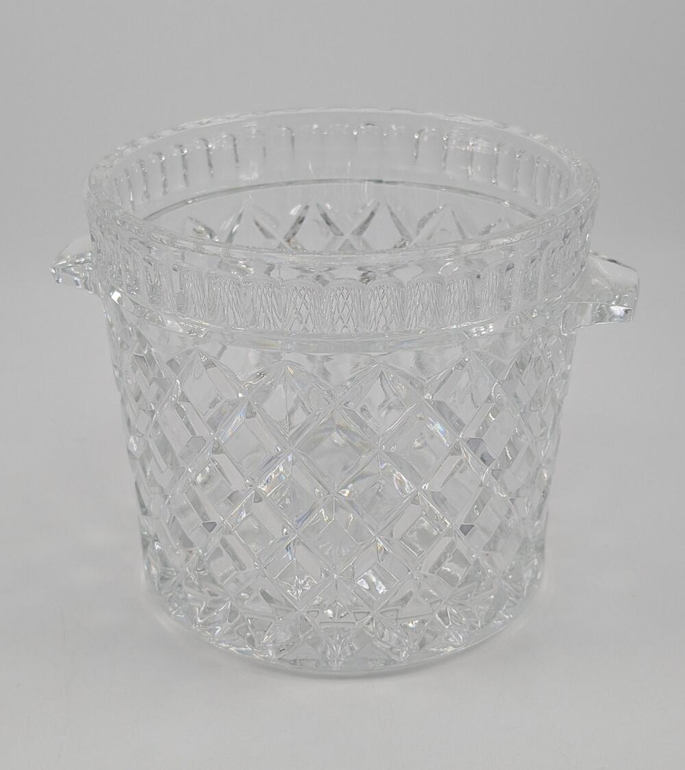 Vintage Heavy Diamond Pattern Cut Crystal Glass Ice Bucket w/ Side Handles 5”